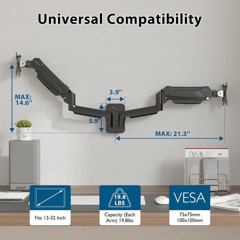 BONTEC Dual Monitor Wall Mount for 13-32 Inch Screens, Height Adjustable Gas Spring Arm with Tilt, Swivel & Rotate, Hold Up to 19.8 lbs, Fully Adjustable, Office & Home Use, VESA 75x75/100x100 - Image 2